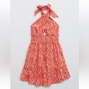 AERIE SPRING FLING HALTER DRESS IN CORAL POPPY